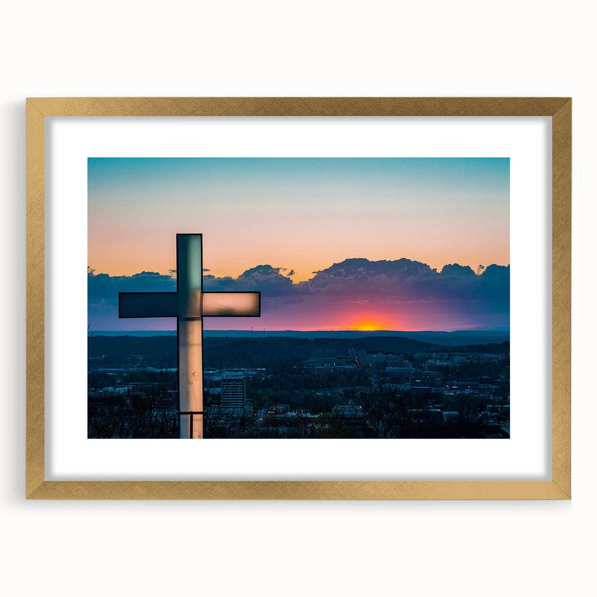 Textured abstract art print depicting Arkansas scenery in gold frame, ideal for extra large wall art in a living room.