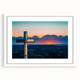 Abstract art print of Arkansas scenery in muted earth tones on a framed white canvas, suitable for dining room decor.