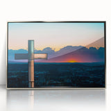 Mid-century modernist art depicting Arkansas scenery in muted earth tones on a silver-framed acrylic print.