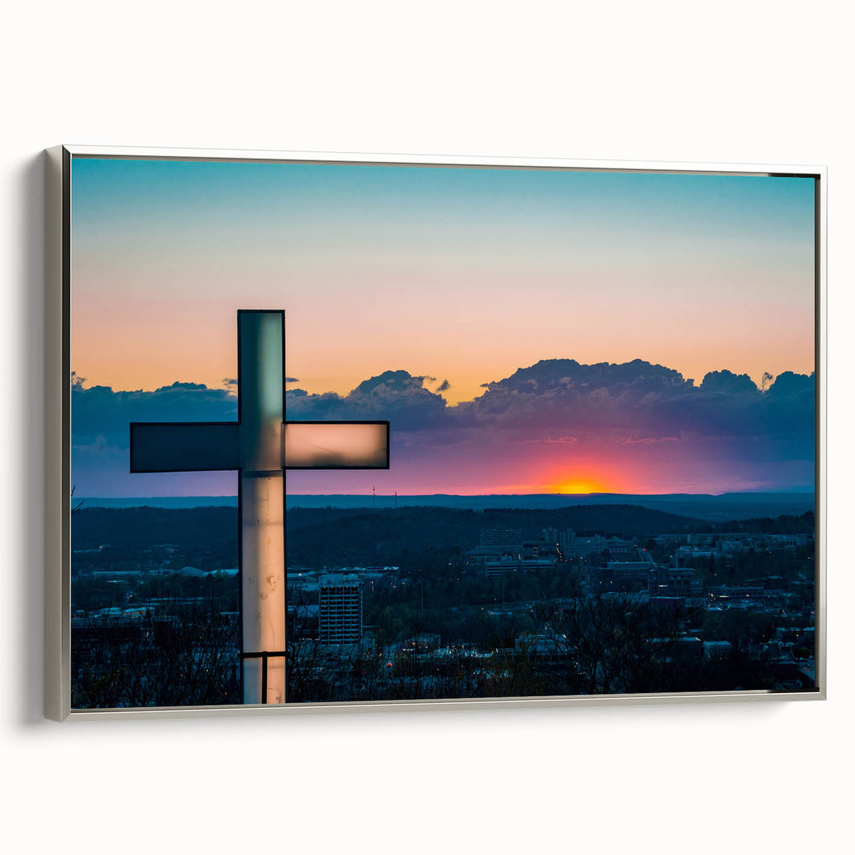Vintage poster-style landscape art of Arkansas scenery on a framed canvas, featuring colorful art with black borders.