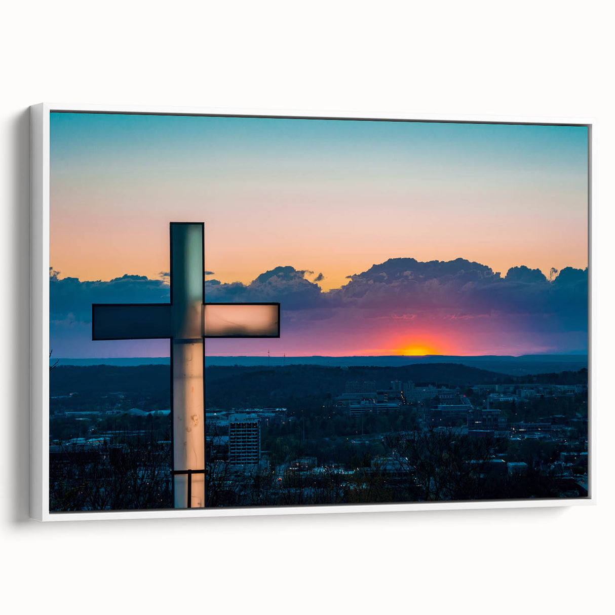 Vintage poster art of an Arkansas landscape in colorful tones on a large framed canvas, ideal for living room decor.