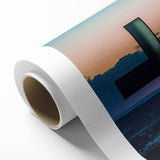 Art Deco style poster of Arkansas scenery on rolled canvas, featuring muted green and blue tones.