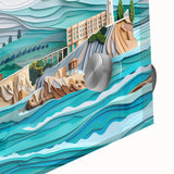 Mid-century modernist large abstract print of Alcatraz in acrylic, with muted blue and gray tones, ideal for dining room art.