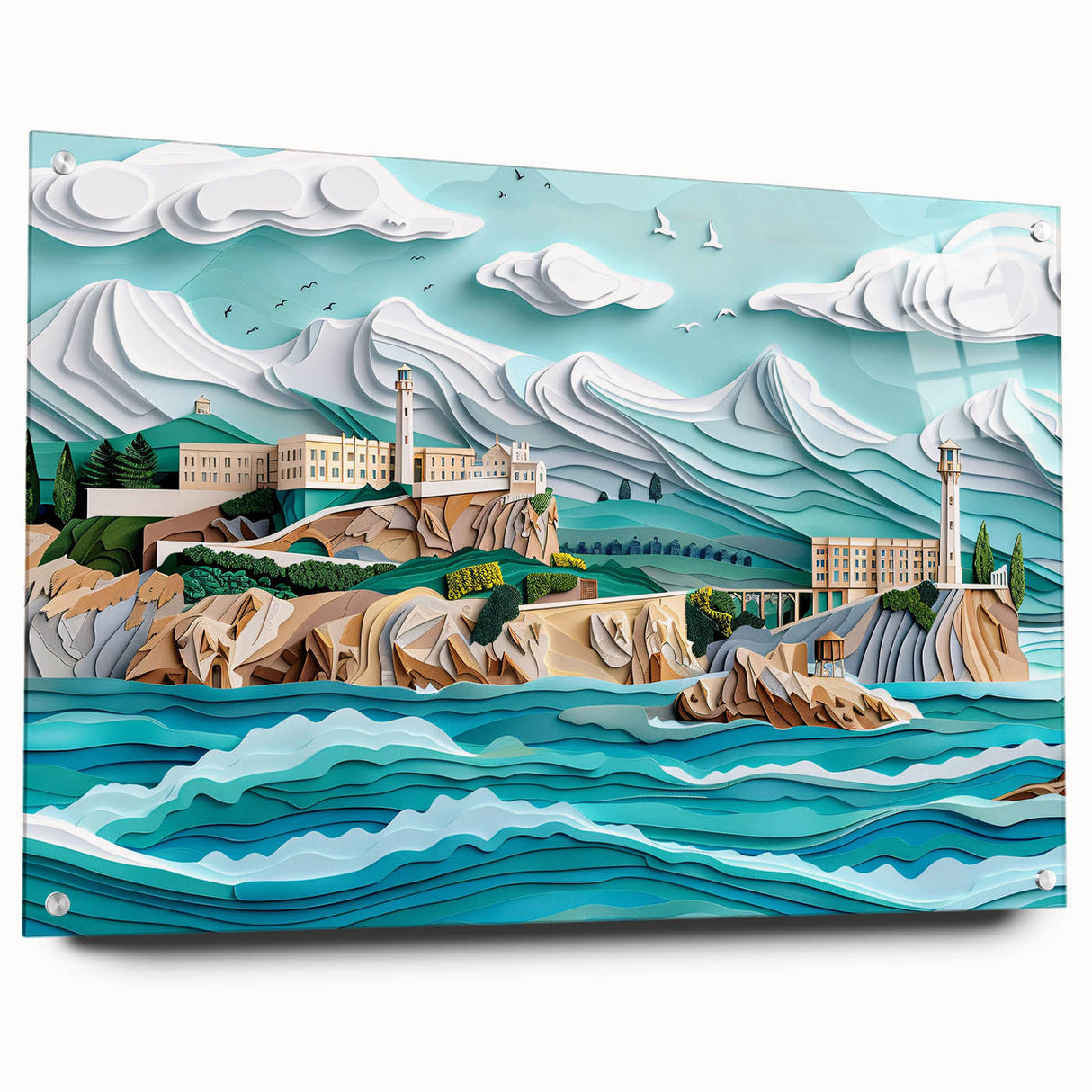 Acrylic print of Alcatraz Island in muted blue and gray tones, suitable for bedroom or dining room decor.