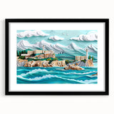 Extra large abstract art print of Alcatraz in vibrant, colorful hues on a textured canvas, framed in black.