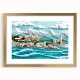 Extra large textured abstract art print of Alcatraz, featuring muted gray and blue tones, framed in gold.