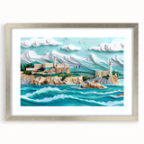 Textured art print of Alcatraz Island in muted gray tones, framed in silver, suitable for bedroom decor.