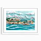 Abstract art print of Alcatraz Island in muted blue and green tones on a white framed poster, ideal for dining room decor.