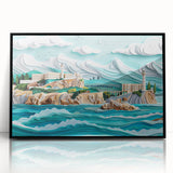Large abstract wall art of Alcatraz Island in muted gray and blue tones, acrylic print in a black frame.
