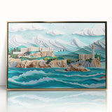 Mid-century modernist art of Alcatraz Island in muted gold and gray tones, acrylic framed print.