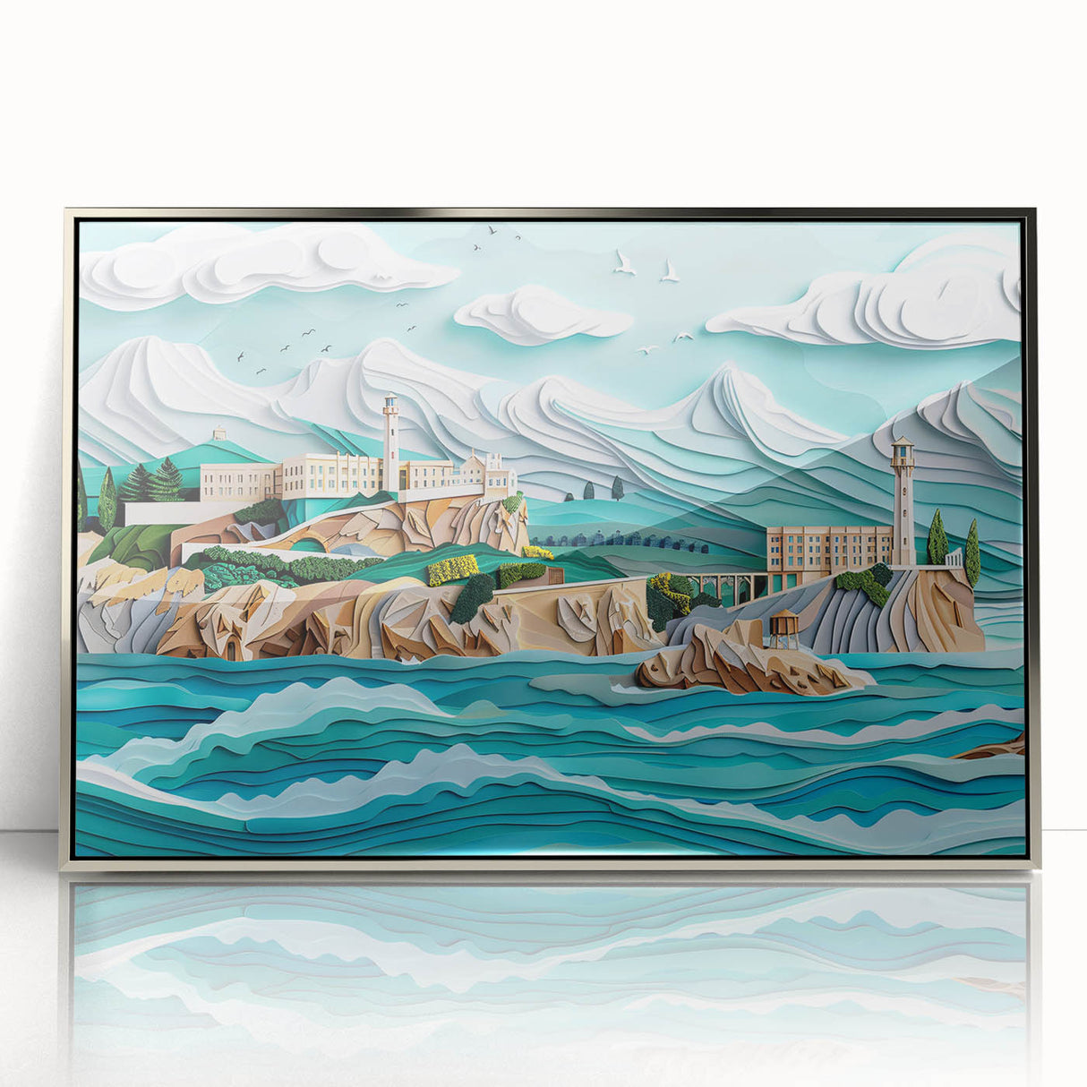 Mid-century modernist art depicting Alcatraz Island in muted gray and blue tones on a framed acrylic print.