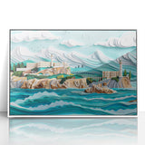 Art deco poster of Alcatraz Island in muted gray and blue tones, acrylic print framed in white.