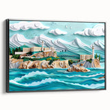 Black and white framed canvas of Alcatraz Island landscape, ideal for bedroom wall decor.