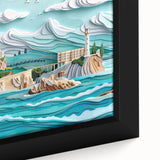 Extra large framed canvas featuring a textured depiction of Alcatraz Island in black with colorful art accents.