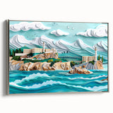 Framed canvas depicting a vintage-style landscape painting of Alcatraz Island in muted black and colorful tones.