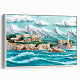 Vintage poster art of Alcatraz in a framed canvas, featuring black and colorful tones, suited for large living room walls.