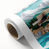 Art Deco poster of Alcatraz Island in muted blue and gray tones on rolled canvas.