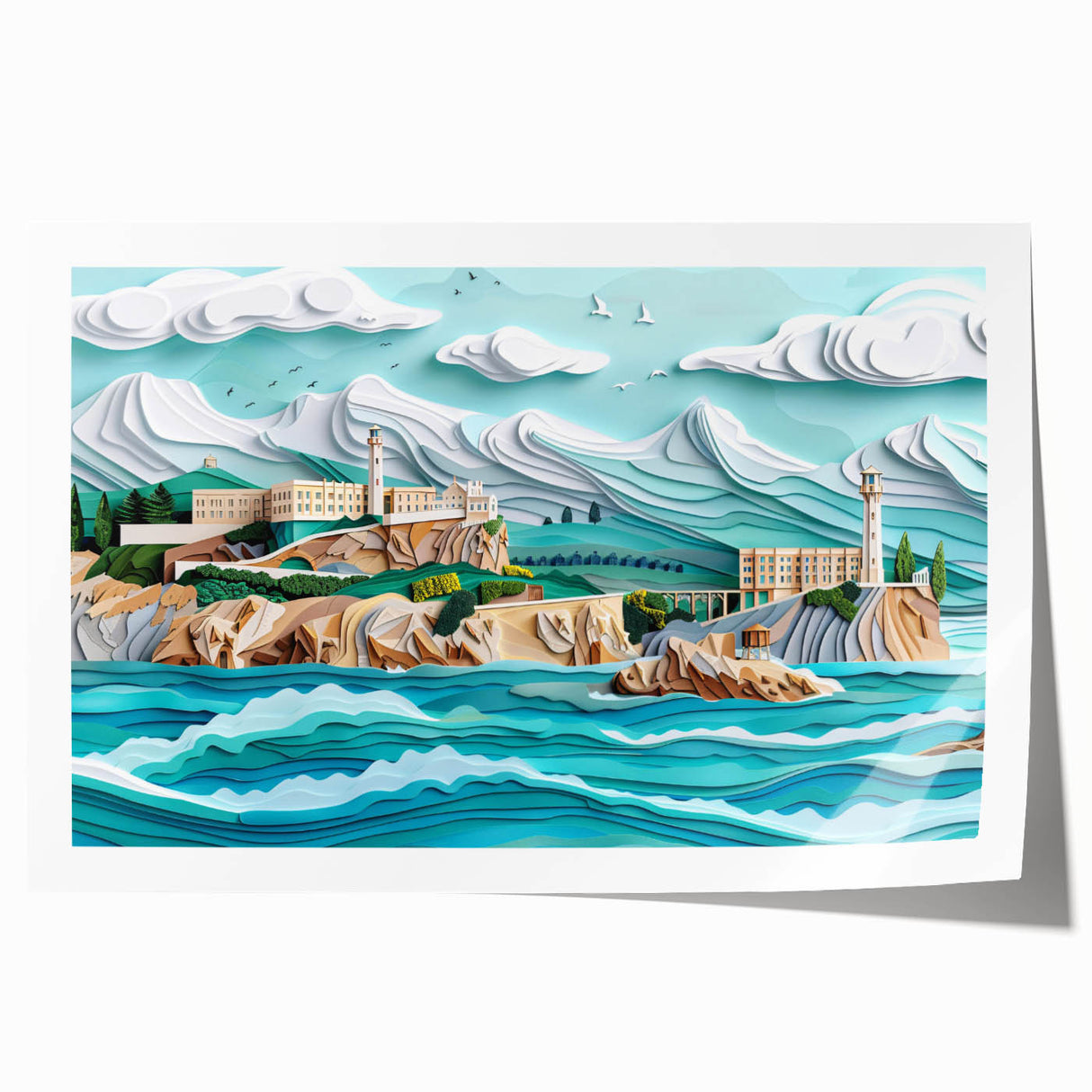 Rolled print of Alcatraz Island in muted gray tones, suitable as extra large wall art for dining room.