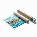 Rolled print of Alcatraz Island with muted blue and gray tones, ideal for classy bathroom wall art.