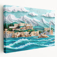 Alcatraz Island depicted in muted green and blue tones on a large stretched canvas, suitable for kitchen wall art.