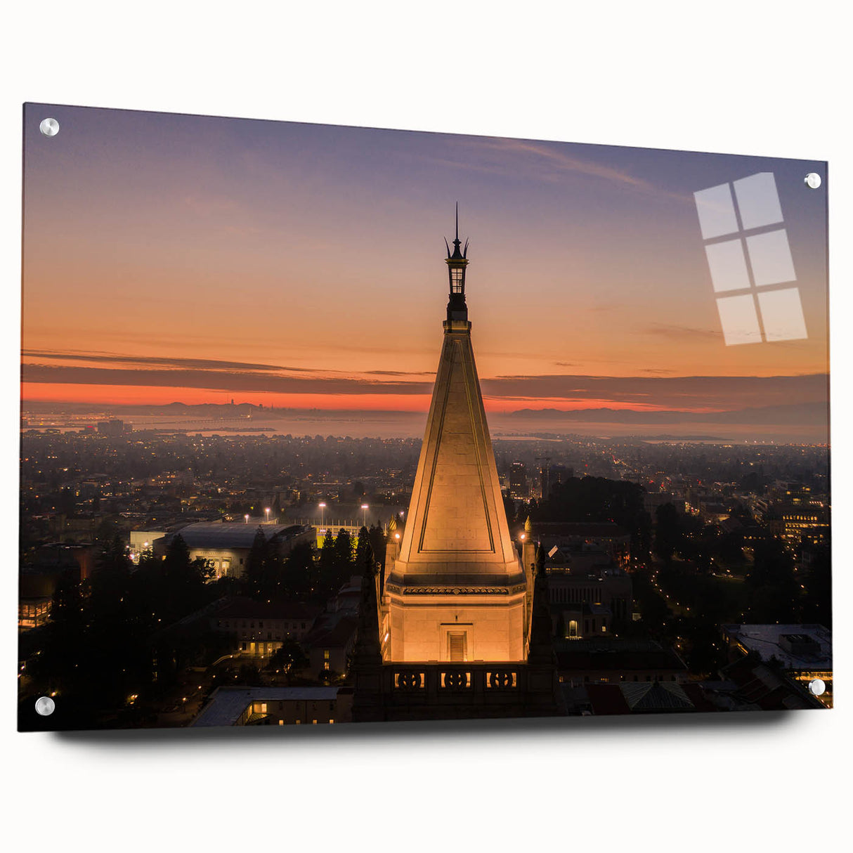 Acrylic glass print of a large abstract depiction of Berkeley, California in muted earth tones.