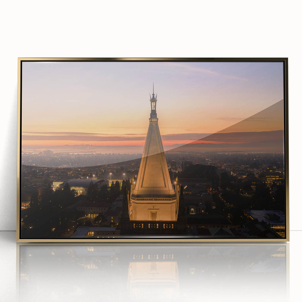 Large art print of Berkeley, California scenery in mid-century modernist style on framed acrylic, with gold tones.