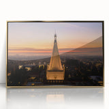 Large art print of Berkeley, California scenery in mid-century modernist style on framed acrylic, with gold tones.