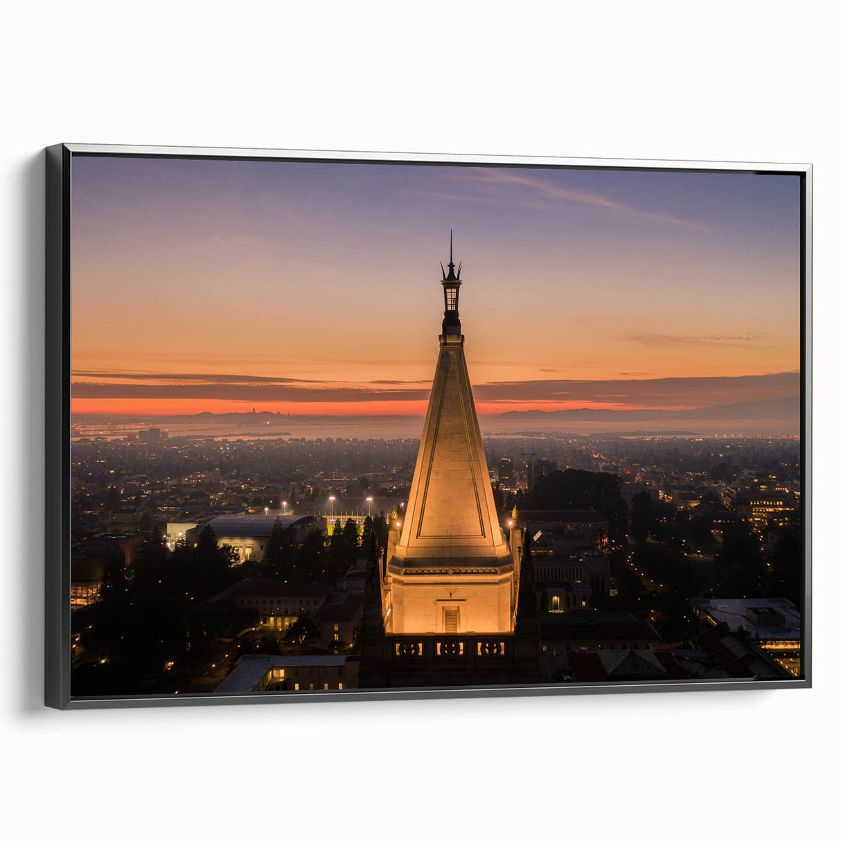 Black and white framed canvas of Berkeley landscape in vintage poster style, suitable for bedroom decor.