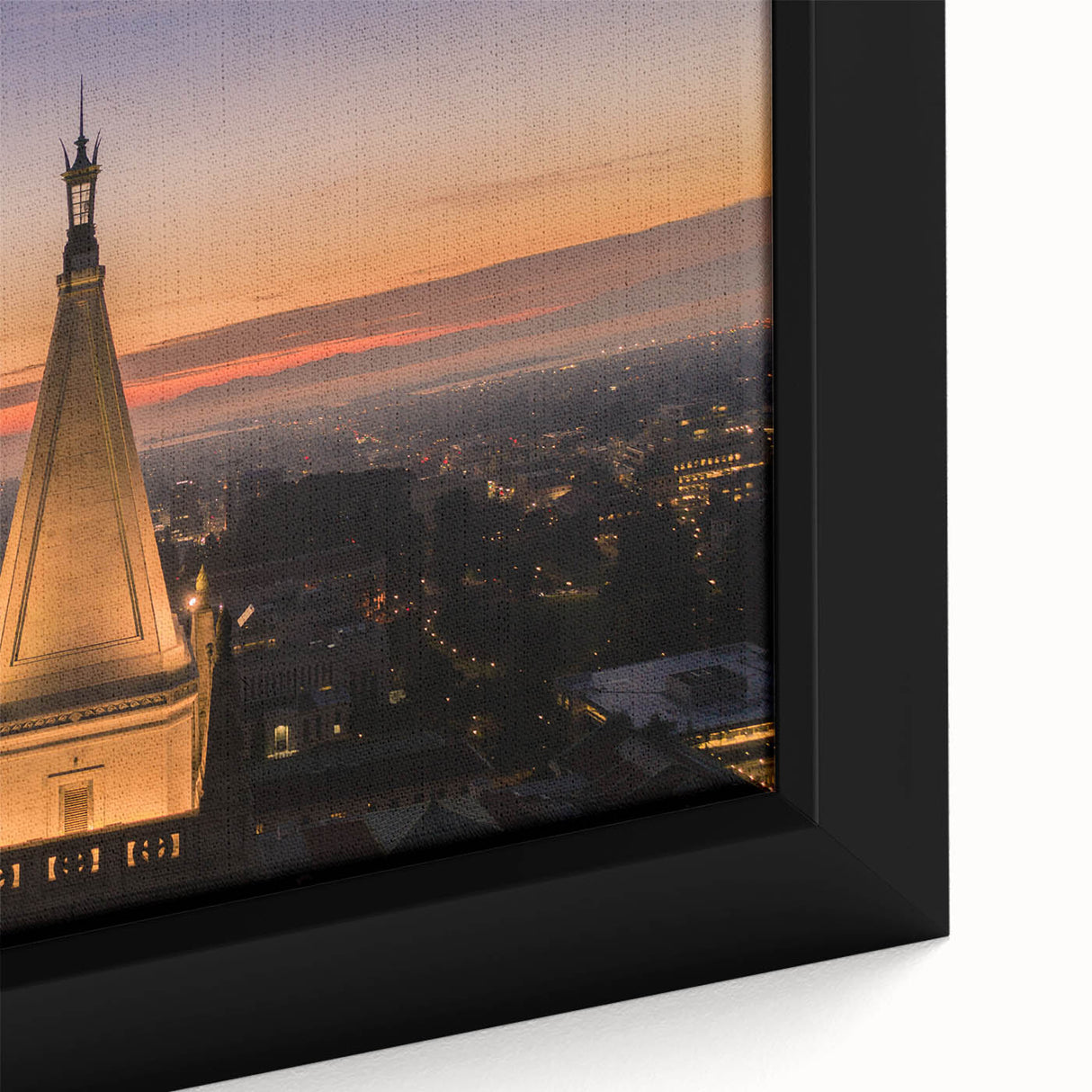 Textured black wall art depicting a colorful Berkeley, California scene on a framed canvas, ideal for living room decor.