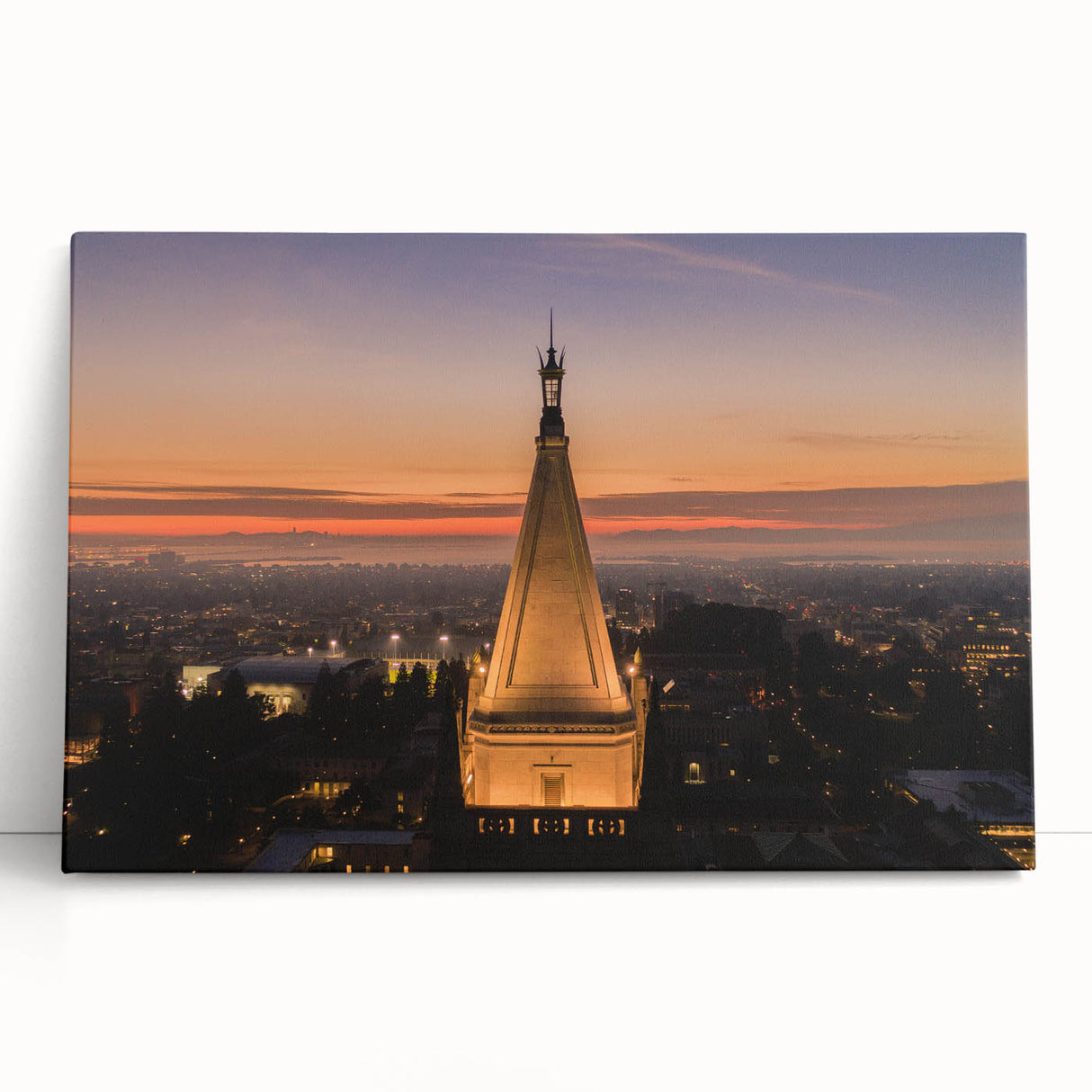 Large black and white stretched canvas depicting the Berkeley, California skyline, ideal for kitchen wall art.