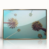 Mid-century modernist acrylic print of Beverly Hills scenery in muted earth tones, framed in gold.