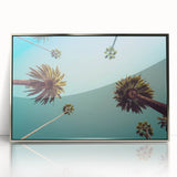 Mid-century modernist art depicting Beverly Hills scenery in muted earth tones on a silver-framed acrylic print.