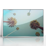 Art deco poster of Beverly Hills scenery in muted pastel colors on white framed acrylic, suitable for modern nursery decor.