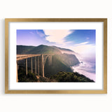 Extra large abstract art print of California's Big Sur in textured style with gold frame, ideal for living room.