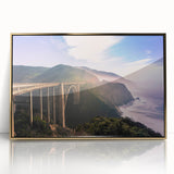 Framed acrylic print of Big Sur, California in mid-century modernist style with muted earth tones.