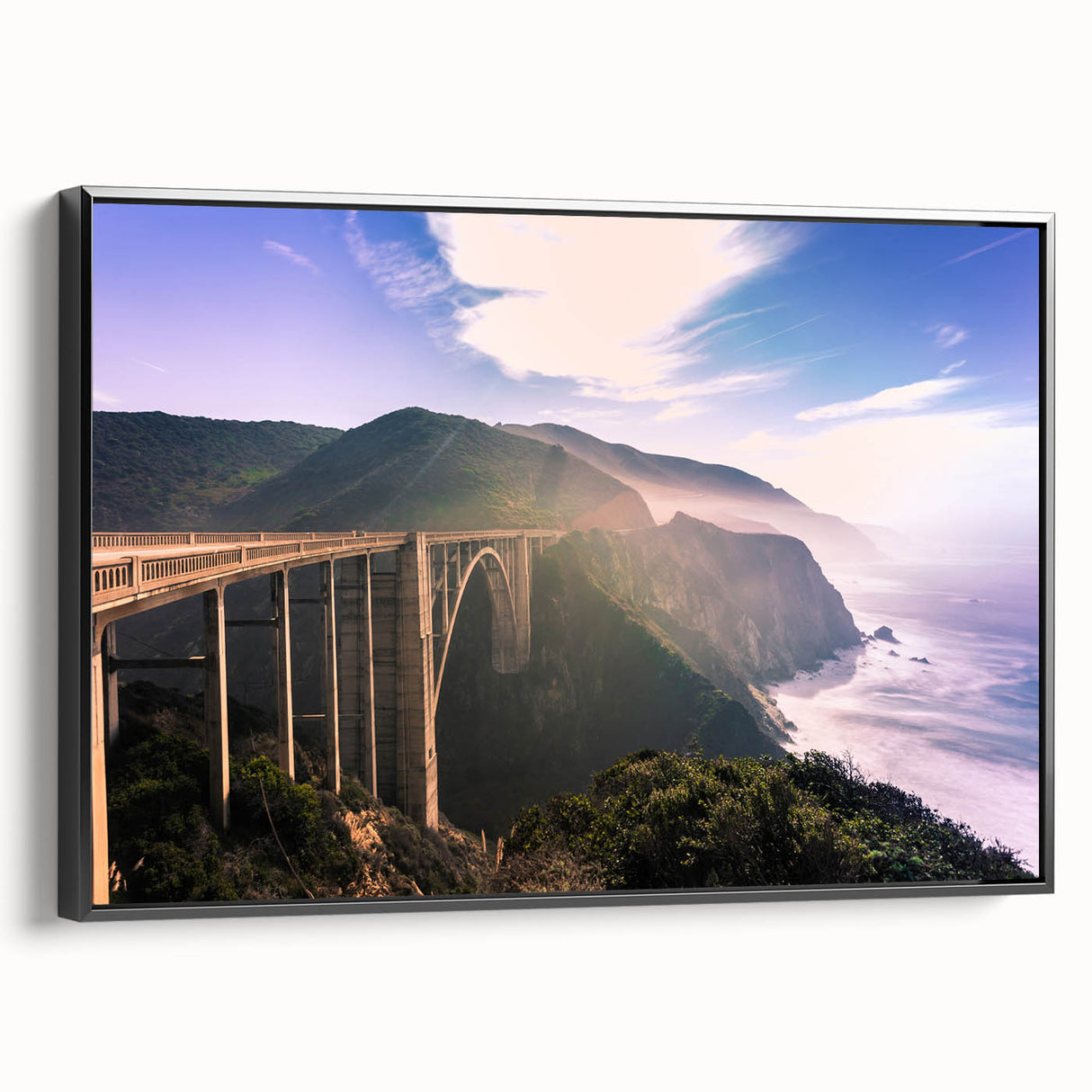 Black and white framed canvas of Big Sur landscape, ideal for bedroom wall art.