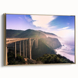 Framed canvas depicting a vintage poster-style landscape of Big Sur, California, in muted earth tones.