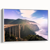 Vintage poster art of California's Big Sur on a framed canvas, featuring vibrant colors, ideal for living room decor.