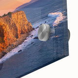 Mid-century modernist abstract depiction of Catalina in muted blue and orange on acrylic glass, ideal for dining room art.