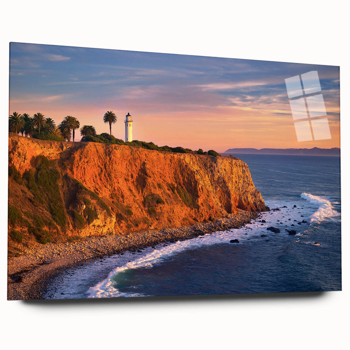 Large abstract depiction of Catalina, USA in muted blue and green tones on acrylic glass.