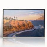 Mid-century modernist art of Catalina Island in silver acrylic frame, with cool blue and green palette.