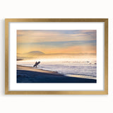 Extra large abstract art print of textured Coronado, California scenery in muted earth tones, framed in gold.