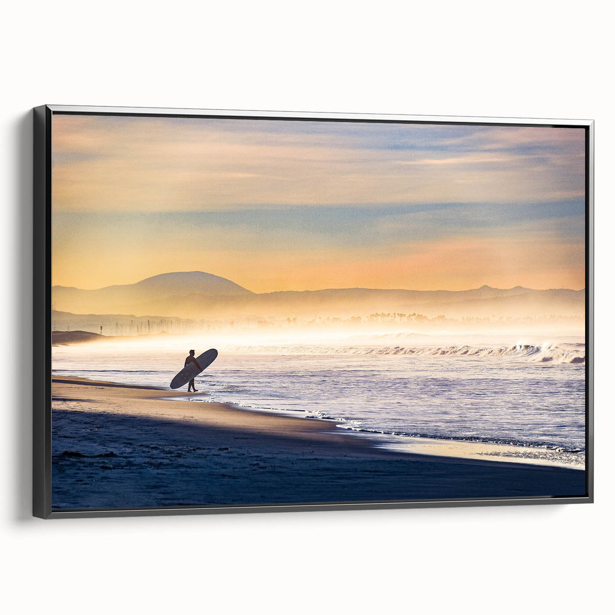 Black and white vintage poster art of the Coronado, California landscape on framed canvas, ideal for bedroom wall decor.