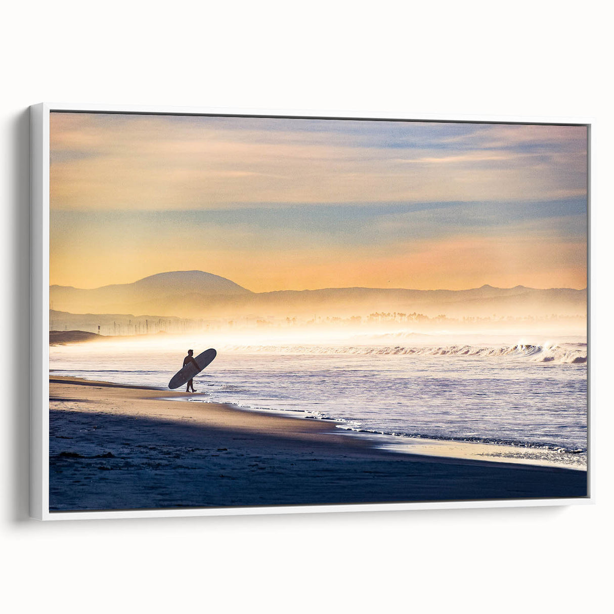 Vintage poster art of Coronado, California in vibrant colors on a large framed canvas, ideal for living room decor.