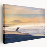 Side view of a large stretched canvas depicting the Coronado, California scenery in muted earth tones.