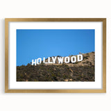 Extra large abstract art print of California's Hollywood scenery in gold frame, ideal for living room decor.