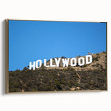 Framed canvas of a vintage-style Hollywood, California landscape in black and gold tones, ideal for bedroom wall art.