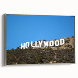 Framed canvas landscape art painting of Hollywood, California in colorful and vintage poster style.