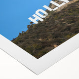 Art deco poster of Hollywood, California, in muted sepia tones on rolled canvas, suitable for dining room wall art.