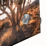 Large abstract wall art featuring the Joshua Tree in muted earth tones on acrylic glass, suitable for dining room ambiance.